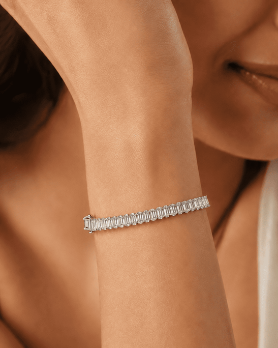 Crystal tennis bracelet in gold plated anti-tarnish steel, an example of demi-fine jewellery — Anti-Tarnish Waterproof Jewellery | House of Zena