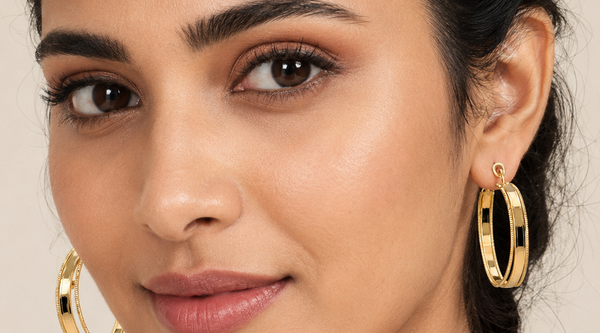 Close-up of 18K gold plated ridged hoop earrings on anti-tarnish stainless steel — Anti-Tarnish Waterproof Jewellery | House of Zena