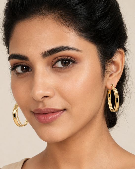 Gold plated hoop earrings shown for face shape styling — Anti-Tarnish Waterproof Jewellery | House of Zena