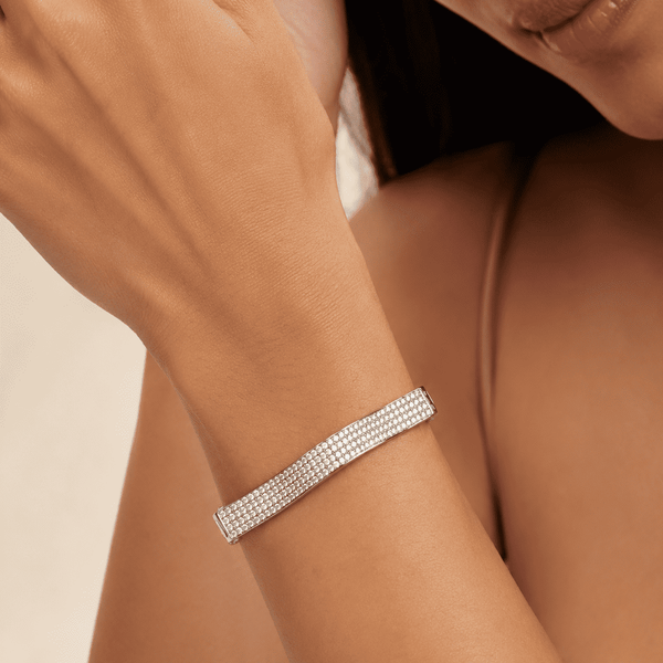 The Drama Queen Sculpted Bangle — Gold Plated Full Pavé Curve Bangle by House of Zena, front view — Anti-Tarnish Waterproof Jewellery | House of Zena