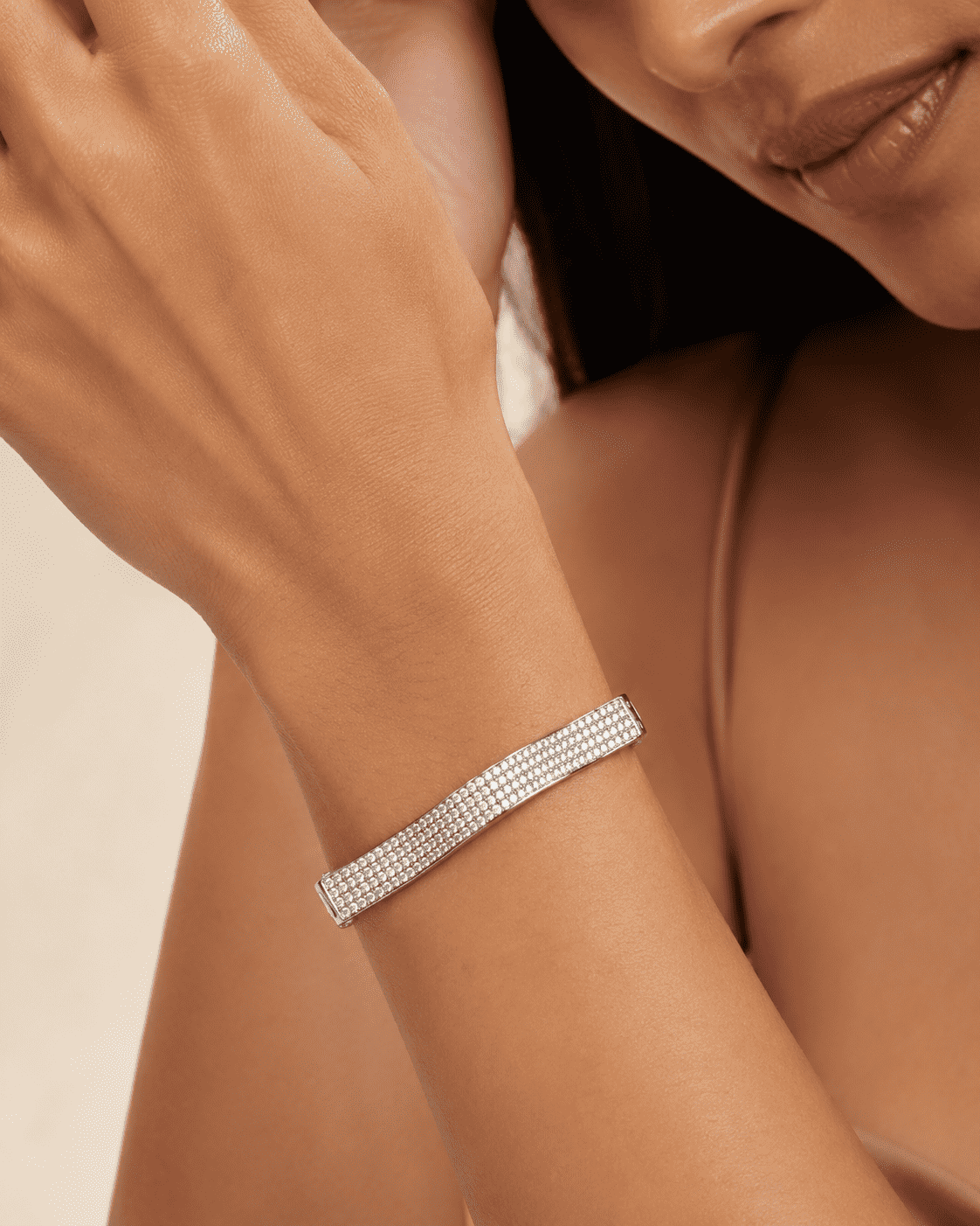 The Drama Queen Sculpted Bangle — Gold Plated Full Pavé Curve Bangle by House of Zena, front view