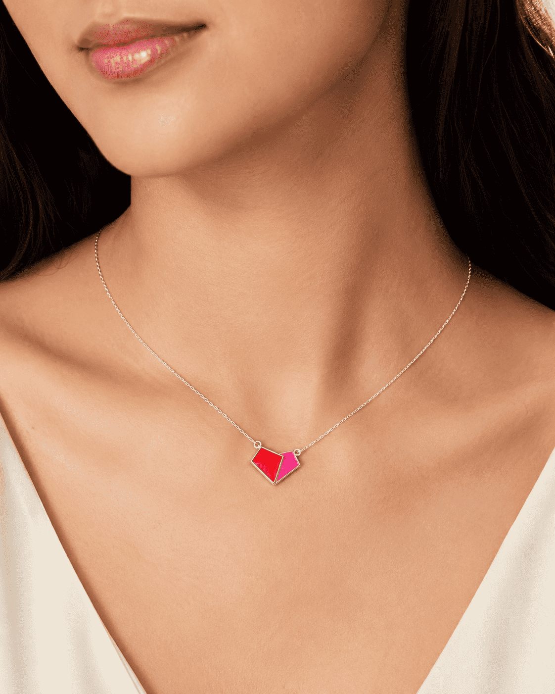 The Cherry Duo Solitaire Pendant — Silver-Tone Duo Pendant Necklace by House of Zena, front view
