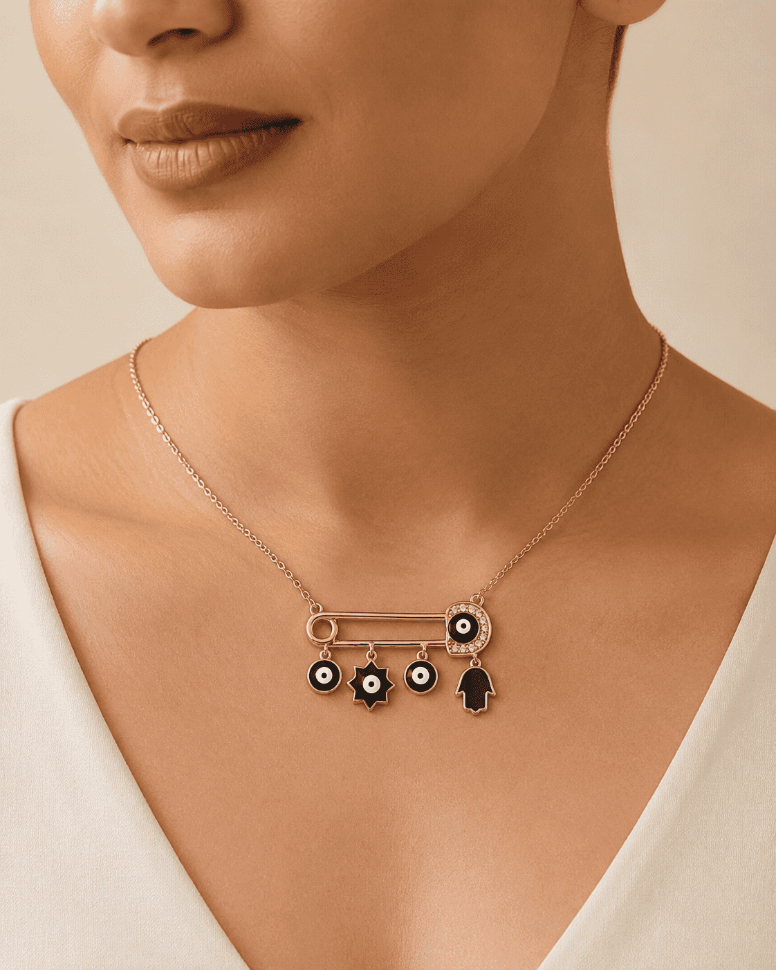 The "Bad Vibes Deflector" Medallion — Gold Plated Nazar Charm Necklace by House of Zena, front view