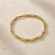 The Spartan Key Link Chain — Gold Plated Astera Greek Link Bracelet by House of Zena, styled on model