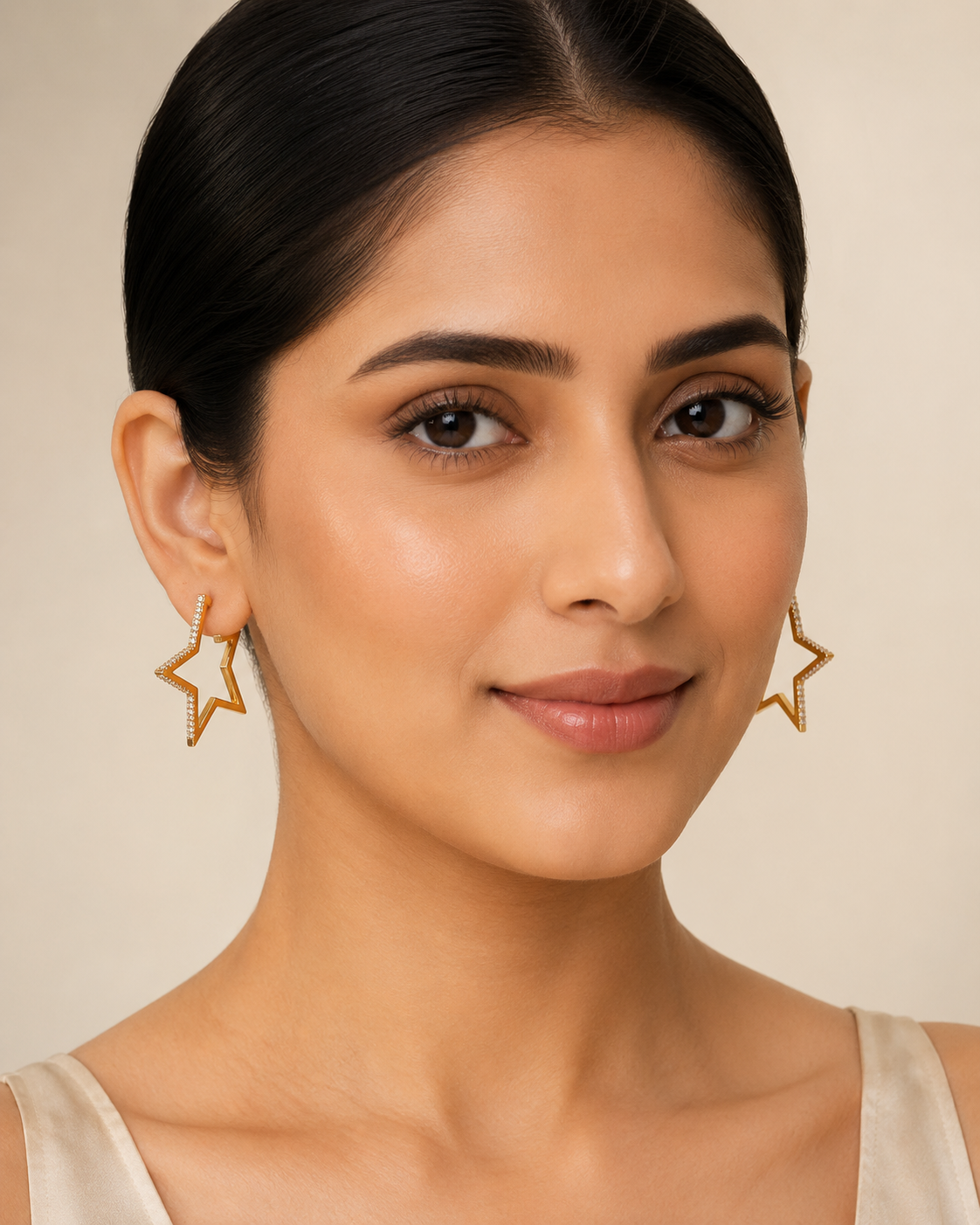 The Lucky Star Outline Hoops — Gold Plated Star Outline Hoop Earrings by House of Zena, front view