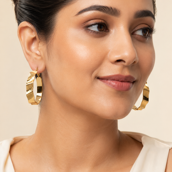 The Riviera Wave Sculpted Hoops — Gold Plated Wave Hoop Earrings by House of Zena, front view — Anti-Tarnish Waterproof Jewellery | House of Zena
