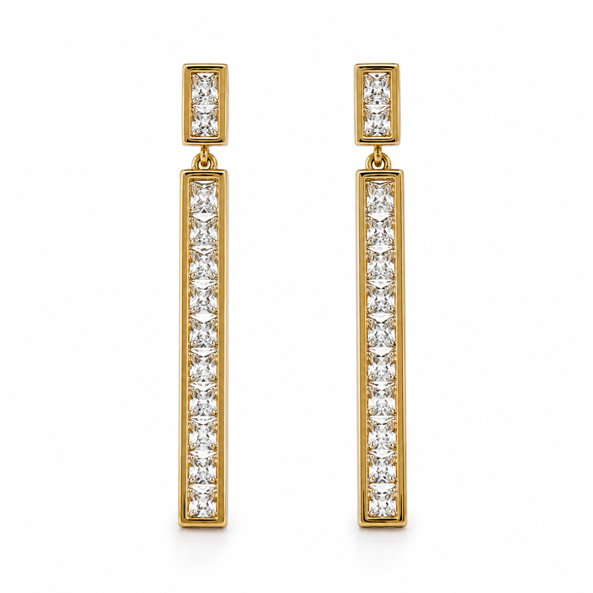 The Champagne Flute Drops — Gold Plated Line Drop Earrings by House of Zena, flat lay