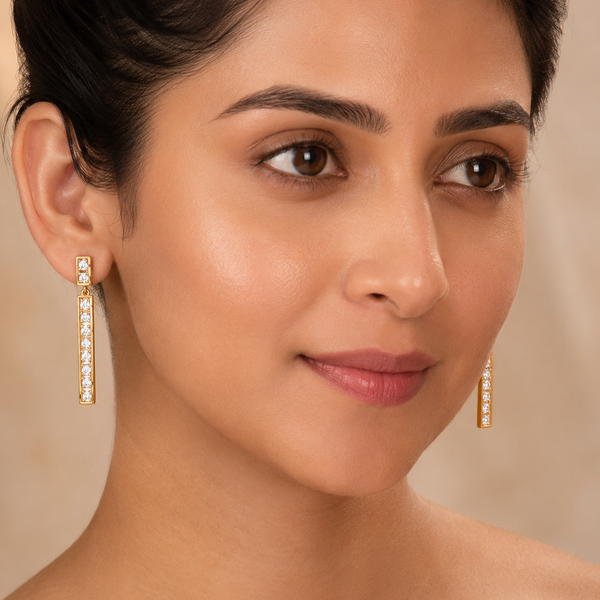 The Champagne Flute Drops — Gold Plated Line Drop Earrings by House of Zena, front view — Anti-Tarnish Waterproof Jewellery | House of Zena