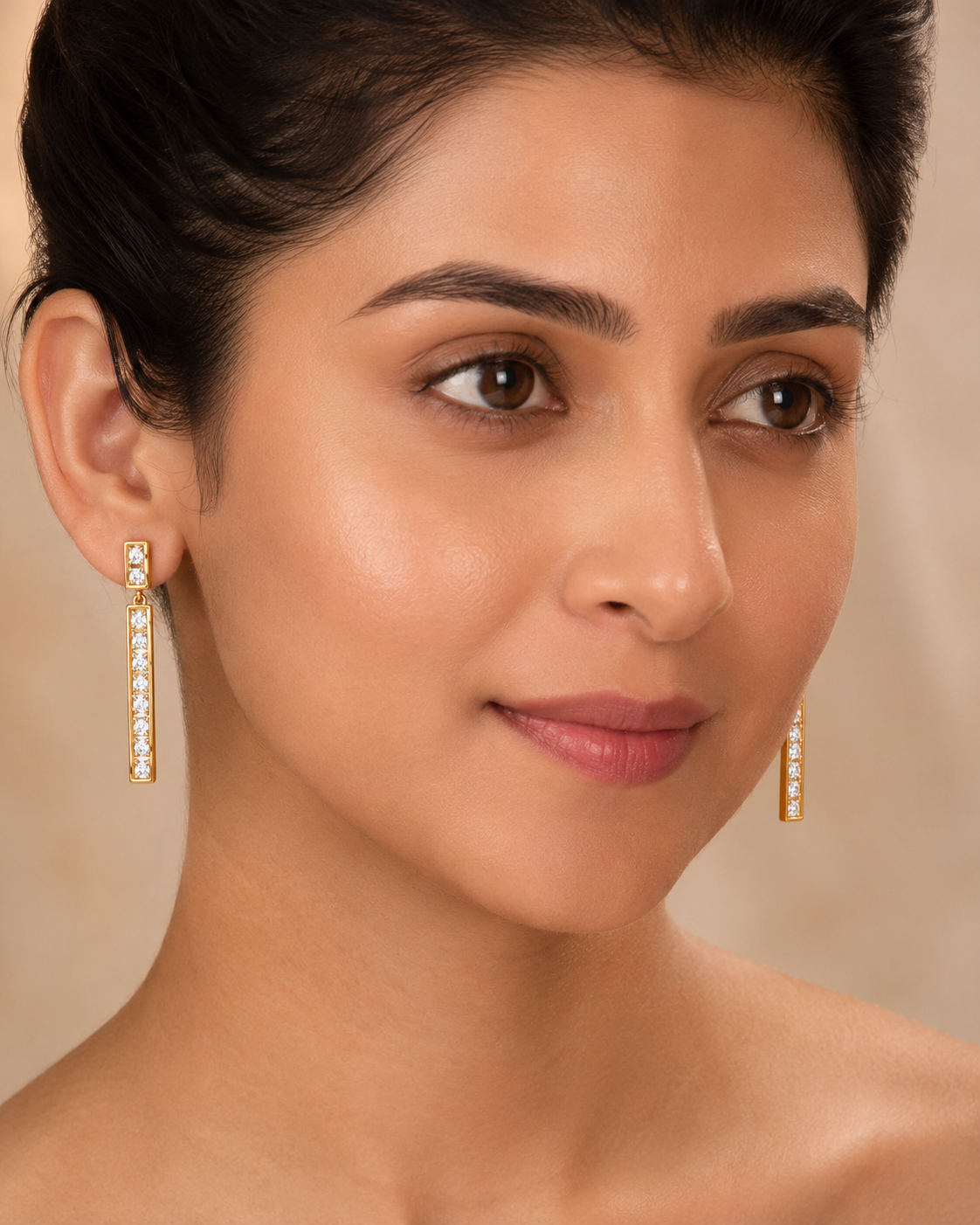 The Champagne Flute Drops — Gold Plated Line Drop Earrings by House of Zena, front view