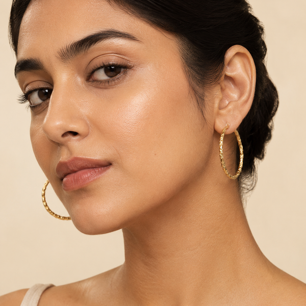 The Churro Ribbed Hoops — Gold Plated Textured Hoop Earrings by House of Zena, front view — Anti-Tarnish Waterproof Jewellery | House of Zena