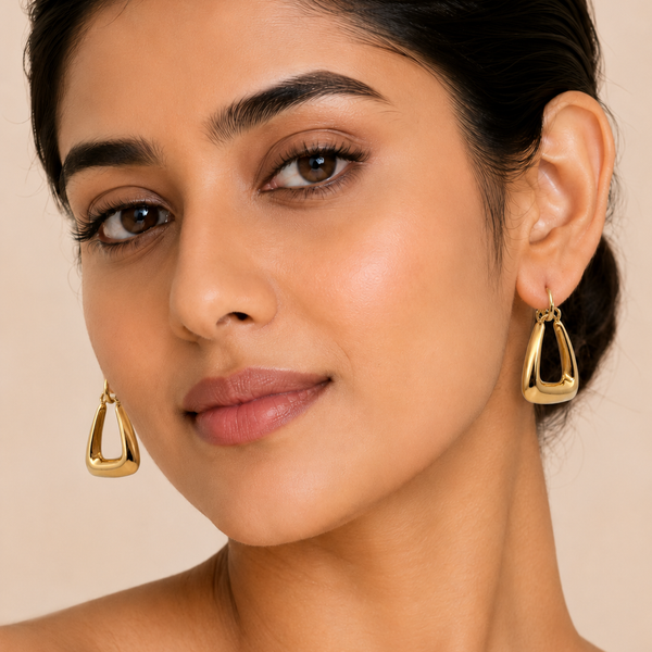 The Bottega Sculpted Domes — Gold Plated Teardrop Hoop Earrings by House of Zena, front view — Anti-Tarnish Waterproof Jewellery | House of Zena