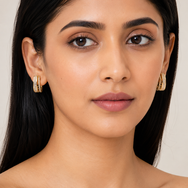 The Double Espresso Huggies — Gold Plated Double Row Huggie Earrings by House of Zena, front view — Anti-Tarnish Waterproof Jewellery | House of Zena