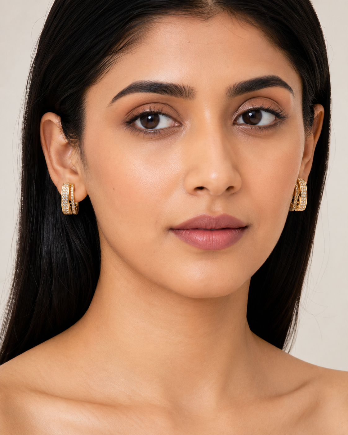 The Double Espresso Huggies — Gold Plated Double Row Huggie Earrings by House of Zena, front view