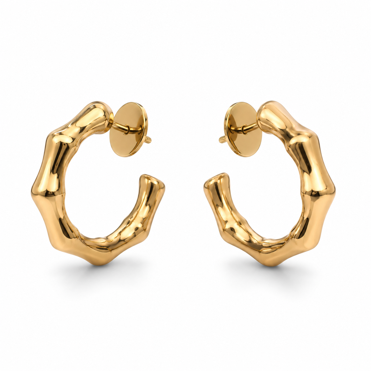 The Melted Honeycomb Hoops — Gold Plated Organic Hoop Earrings by House of Zena, worn on model