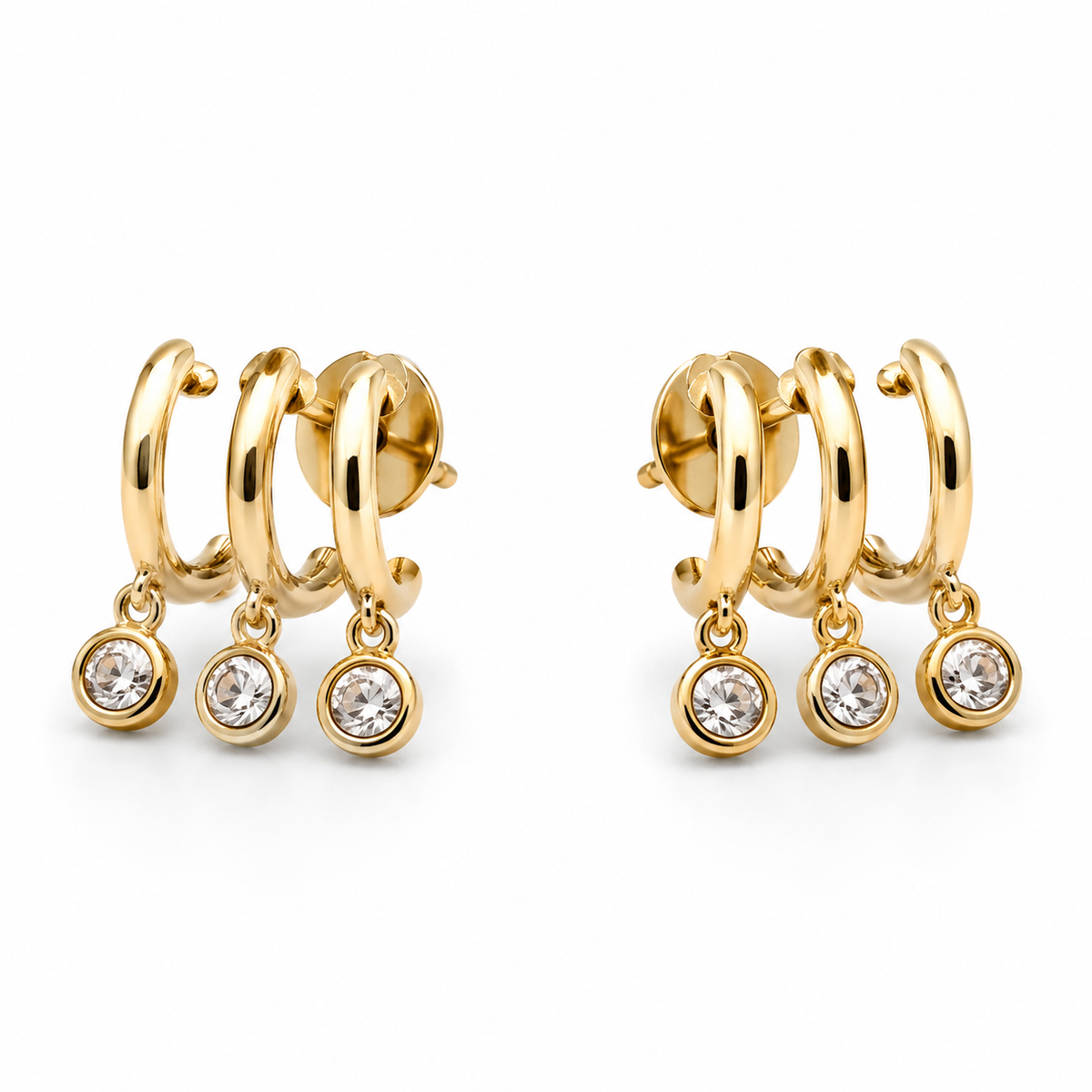 The Three Wishes Charm Hoops — Gold Plated Triple Charm Hoop Earrings by House of Zena, worn on model