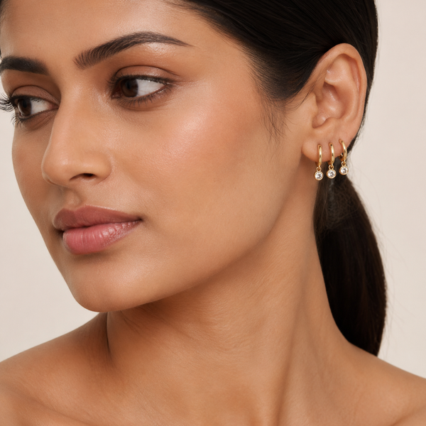 The Three Wishes Charm Hoops — Gold Plated Triple Charm Hoop Earrings by House of Zena, front view — Anti-Tarnish Waterproof Jewellery | House of Zena