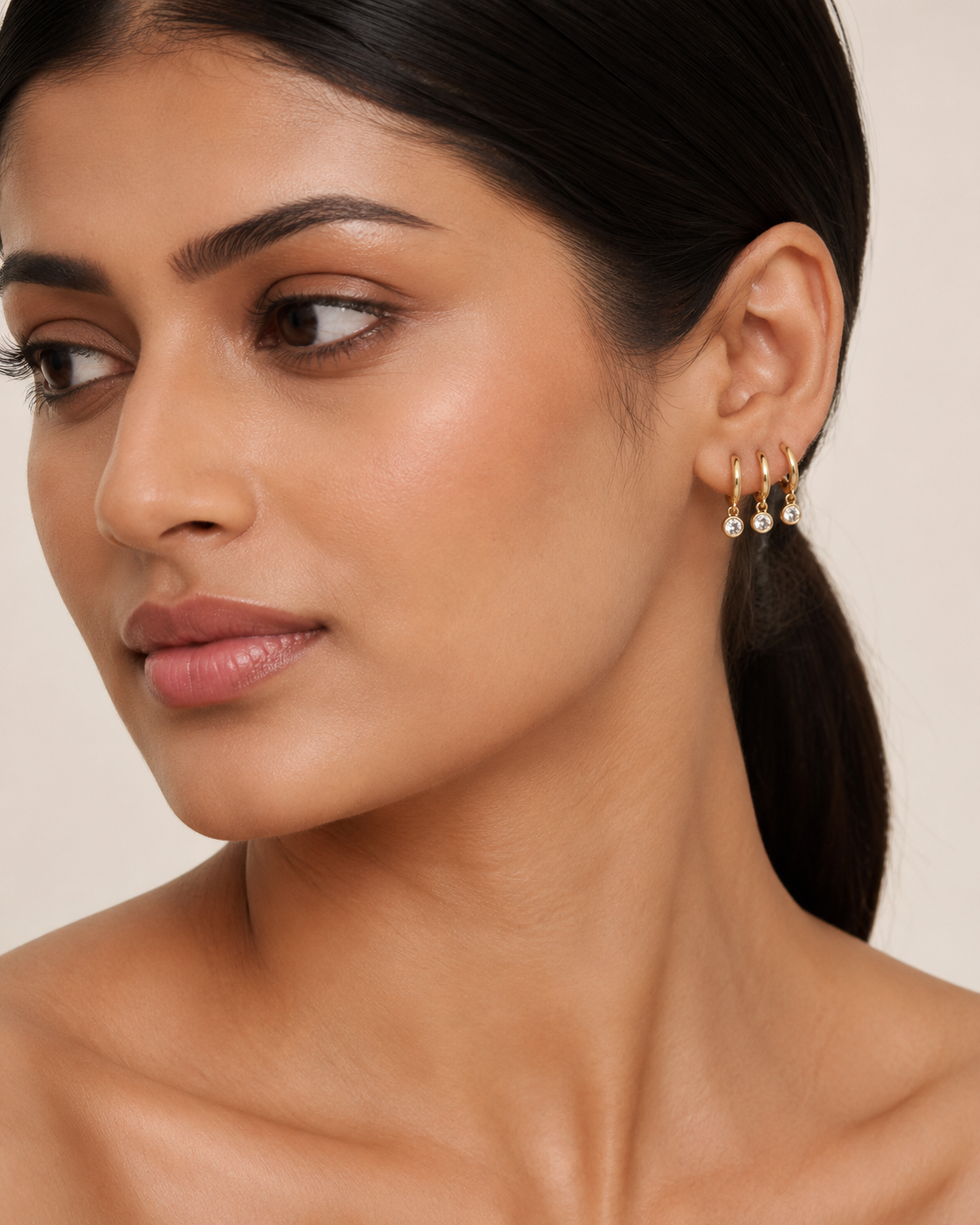 The Three Wishes Charm Hoops — Gold Plated Triple Charm Hoop Earrings by House of Zena, front view