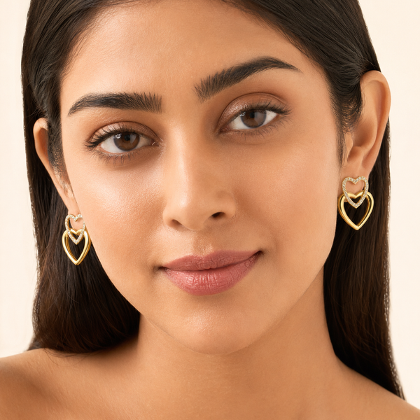 The First Crush Twin Hearts — Gold Plated Twin Heart Earrings by House of Zena, front view — Anti-Tarnish Waterproof Jewellery | House of Zena
