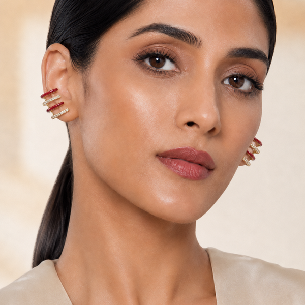 The Spicy Margarita Ear Cuff — Gold Plated Ruby Wave Ear Cuff by House of Zena, front view — Anti-Tarnish Waterproof Jewellery | House of Zena