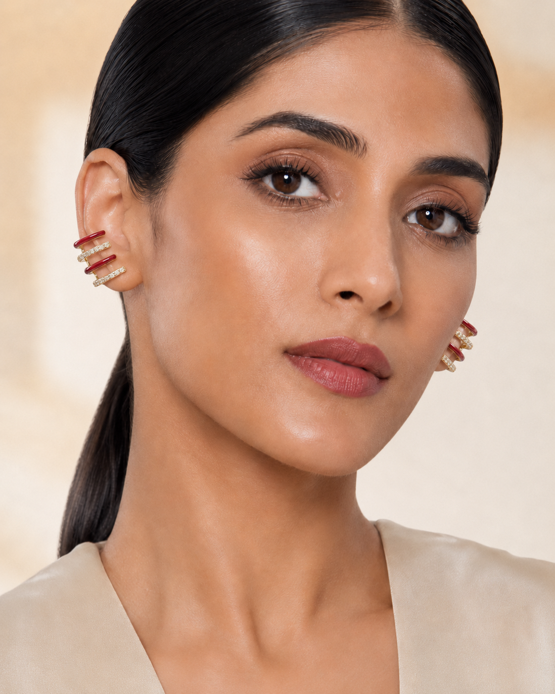 The Spicy Margarita Ear Cuff — Gold Plated Ruby Wave Ear Cuff by House of Zena, front view
