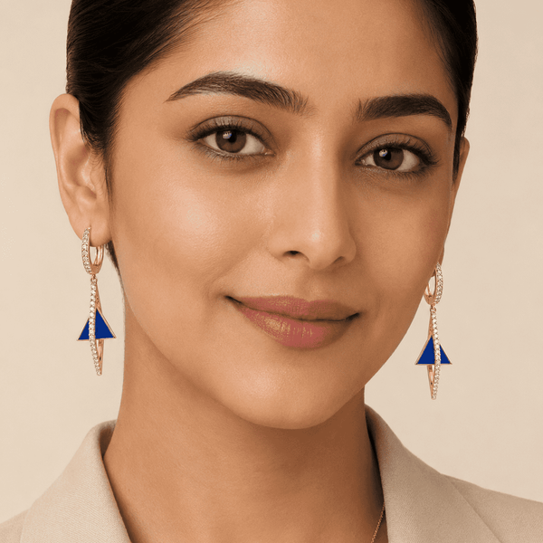 The Blue Curacao Prism Drops — Gold Plated Azure Prism Drop Earrings by House of Zena, front view — Anti-Tarnish Waterproof Jewellery | House of Zena