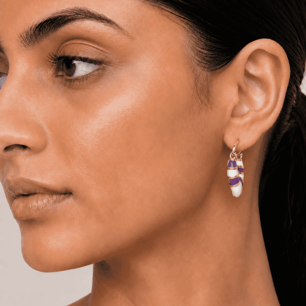 The Lavender Swirl Huggies — Gold Plated Amethyst Swirl Huggie Earrings by House of Zena, front view — Anti-Tarnish Waterproof Jewellery | House of Zena