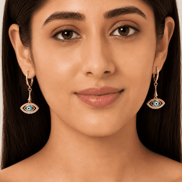 The Side-Eye Charm Drops — Gold Plated Evil Eye Drop Earrings by House of Zena, front view — Anti-Tarnish Waterproof Jewellery | House of Zena