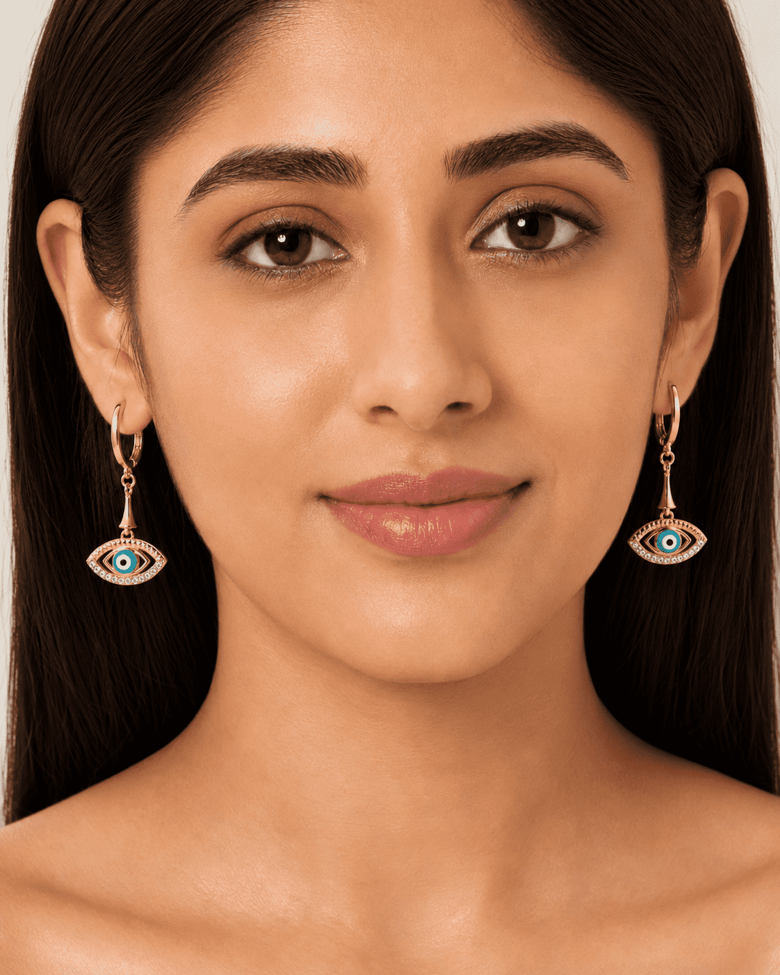 The Side-Eye Charm Drops — Gold Plated Evil Eye Drop Earrings by House of Zena, front view