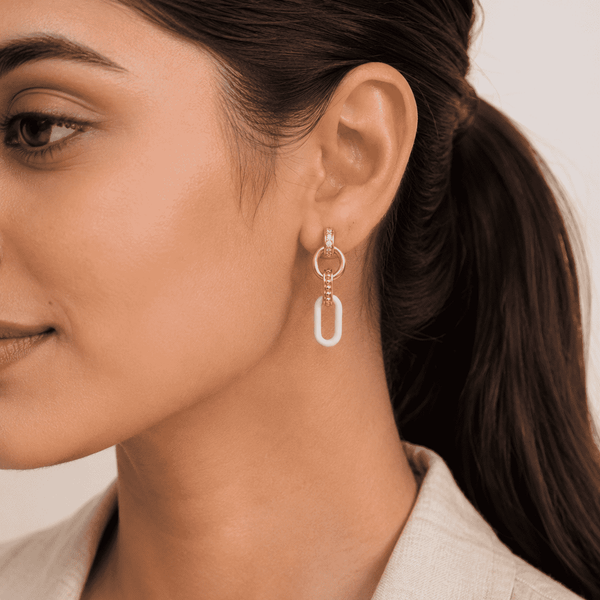 The Pink Lemonade Link Drops — Gold Plated Blush Link Drop Earrings by House of Zena, front view — Anti-Tarnish Waterproof Jewellery | House of Zena