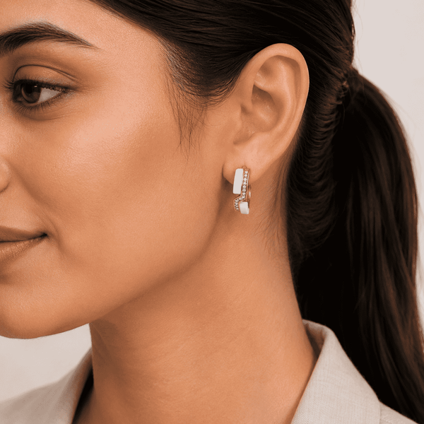The Oyster Pearl Crescent Hoops — Gold Plated Pearl Curve Hoop Earrings by House of Zena, front view — Anti-Tarnish Waterproof Jewellery | House of Zena