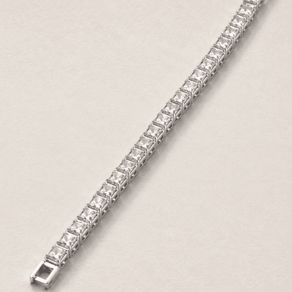 The Iceberg Princess Tennis — Silver-Tone Aveline Princess Tennis Bracelet by House of Zena, styled on model — Anti-Tarnish Waterproof Jewellery | House of Zena
