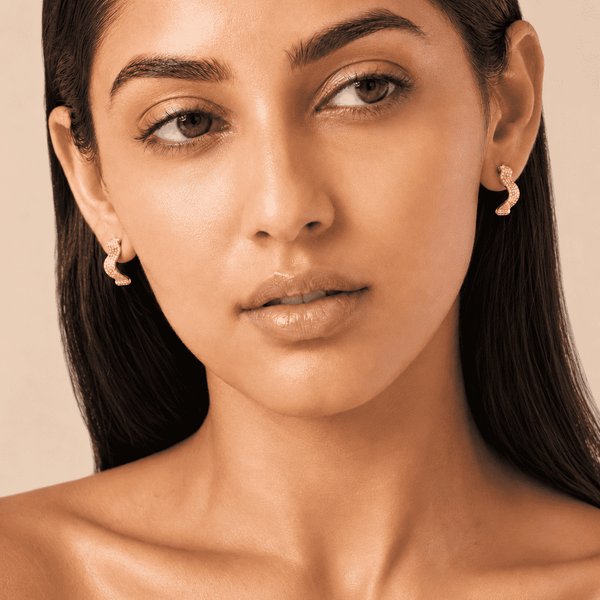 The Golden Nugget Huggies — Gold Plated Wave Crystal Huggie Earrings by House of Zena, front view — Anti-Tarnish Waterproof Jewellery | House of Zena