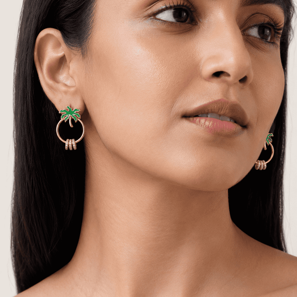 The Coconut Tree Resort Hoops — Gold Plated Palm Aura Crystal Hoop Earrings by House of Zena, front view — Anti-Tarnish Waterproof Jewellery | House of Zena