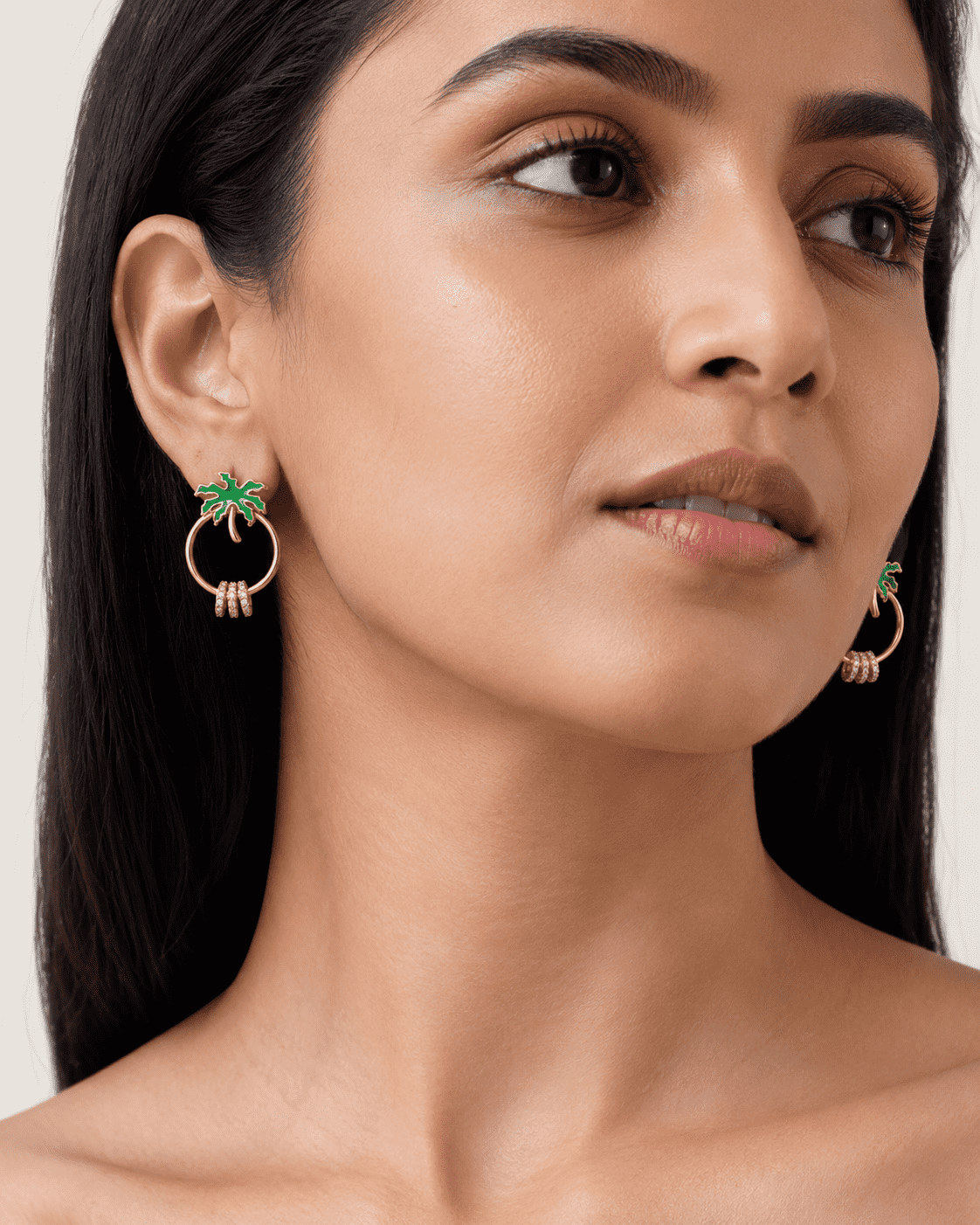 The Coconut Tree Resort Hoops — Gold Plated Palm Aura Crystal Hoop Earrings by House of Zena, front view