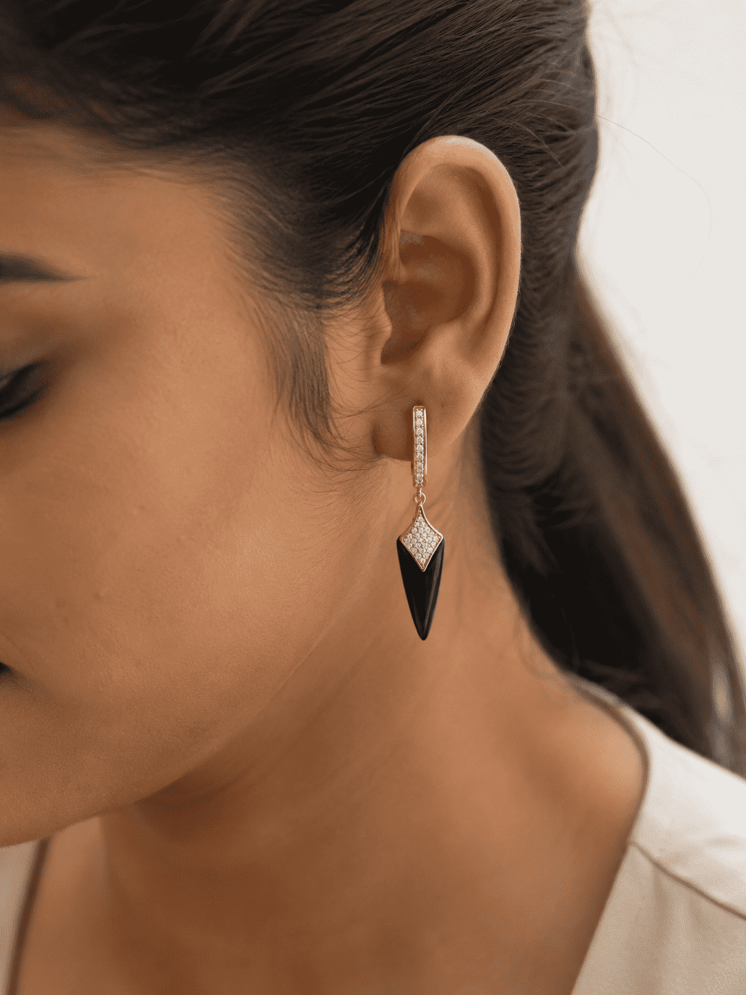 The Dark Chocolate Prism Drops — Gold Plated Prism Drop Earrings by House of Zena, front view