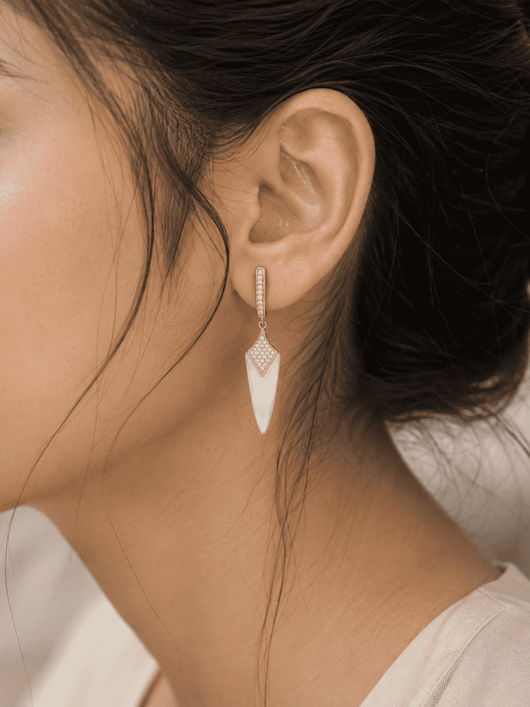 The Coconut Milk Prism Drops — Gold Plated Ivory Prism Drop Earrings by House of Zena, front view