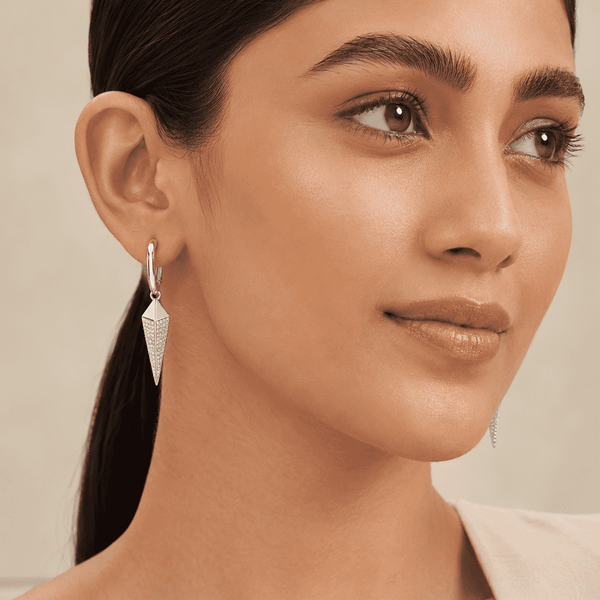 The Diamond Dust Prism Drops — Silver-Tone Silver Prism Luxe Drop Earrings by House of Zena, front view — Anti-Tarnish Waterproof Jewellery | House of Zena