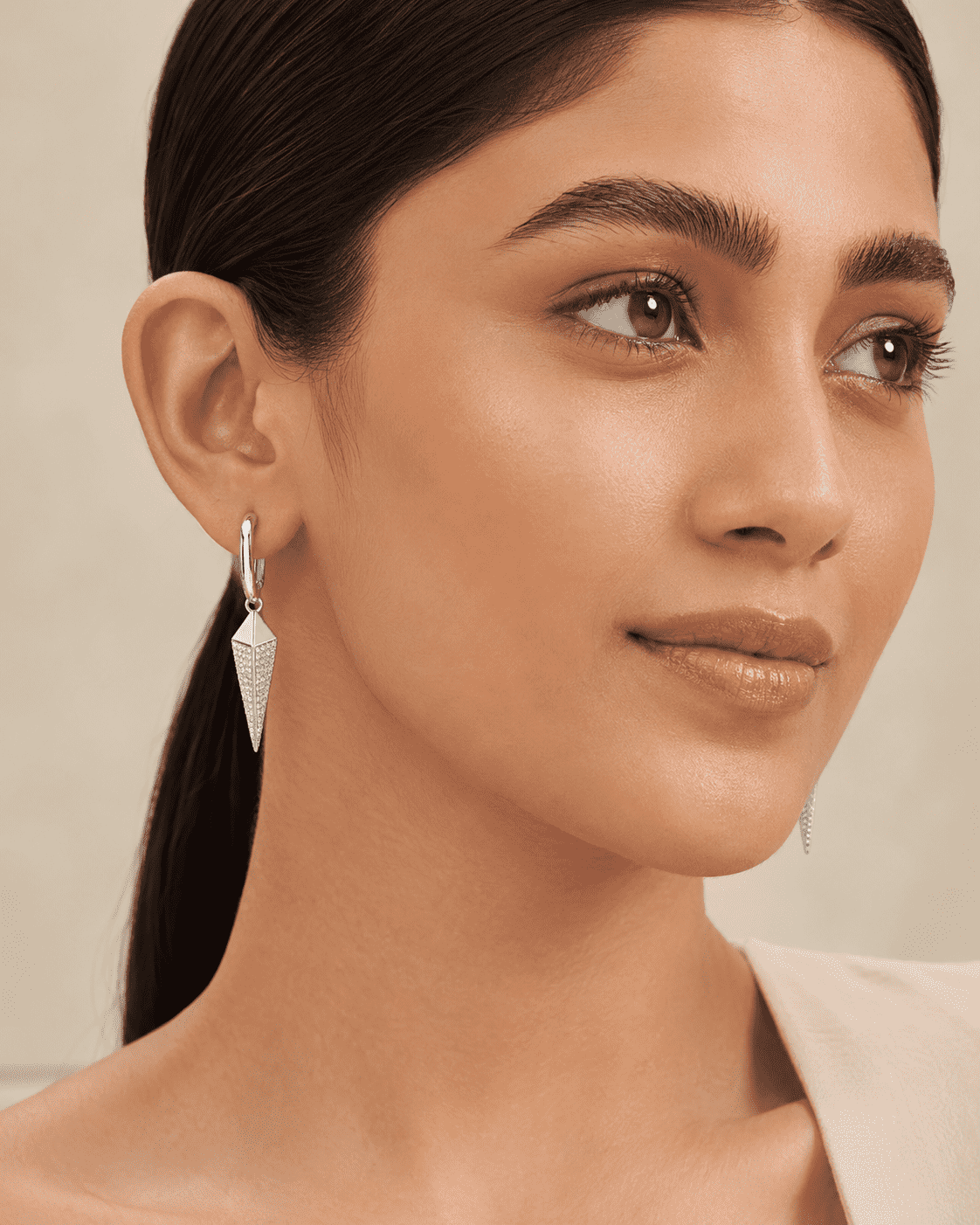 The Diamond Dust Prism Drops — Silver-Tone Silver Prism Luxe Drop Earrings by House of Zena, front view
