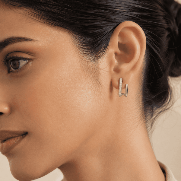 The Crisscross Pavé Illusion Hoops — Silver-Tone Dual Curve Pavé Hoop Earrings by House of Zena, front view — Anti-Tarnish Waterproof Jewellery | House of Zena