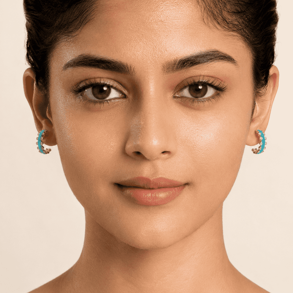 The Capri Blue Mini Hoops — Gold Plated Azure Glow Hoop Earrings by House of Zena, front view — Anti-Tarnish Waterproof Jewellery | House of Zena