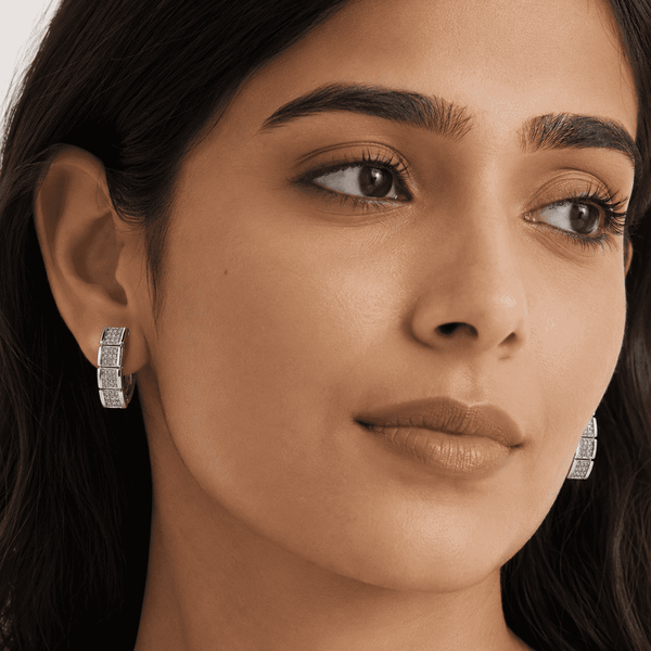 The Waffle Grid Chunky Huggies — Silver-Tone Grid Huggie Earrings by House of Zena, styled on model — Anti-Tarnish Waterproof Jewellery | House of Zena
