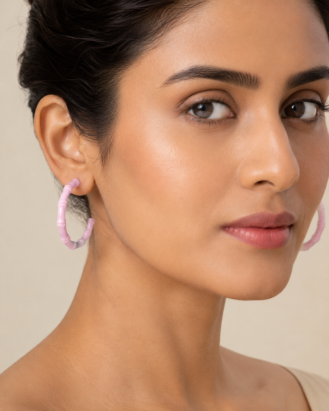 The Rose Quartz Bamboo Hoops — Gold Plated Blush Bamboo Hoop Earrings by House of Zena, front view — Anti-Tarnish Waterproof Jewellery | House of Zena