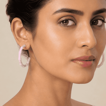 The Rose Quartz Bamboo Hoops — Gold Plated Blush Bamboo Hoop Earrings by House of Zena, front view