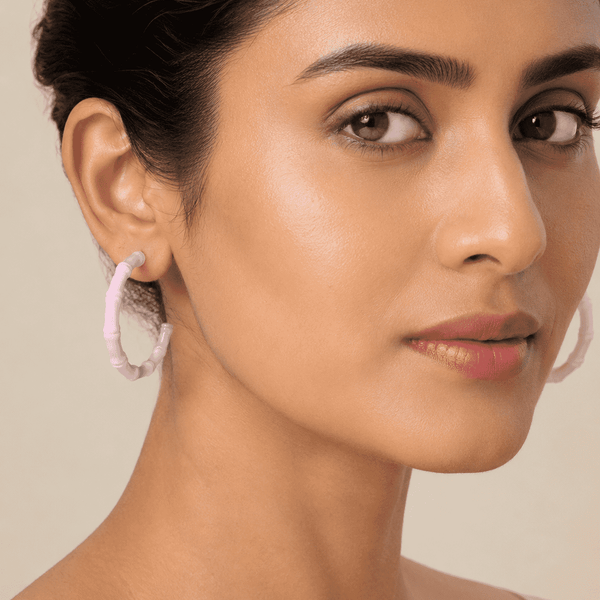 The Rose Quartz Bamboo Hoops — Gold Plated Blush Bamboo Hoop Earrings by House of Zena, front view — Anti-Tarnish Waterproof Jewellery | House of Zena
