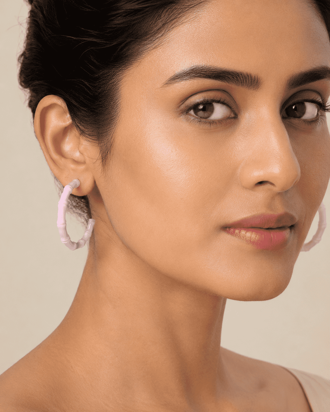 The Rose Quartz Bamboo Hoops — Gold Plated Blush Bamboo Hoop Earrings by House of Zena, front view