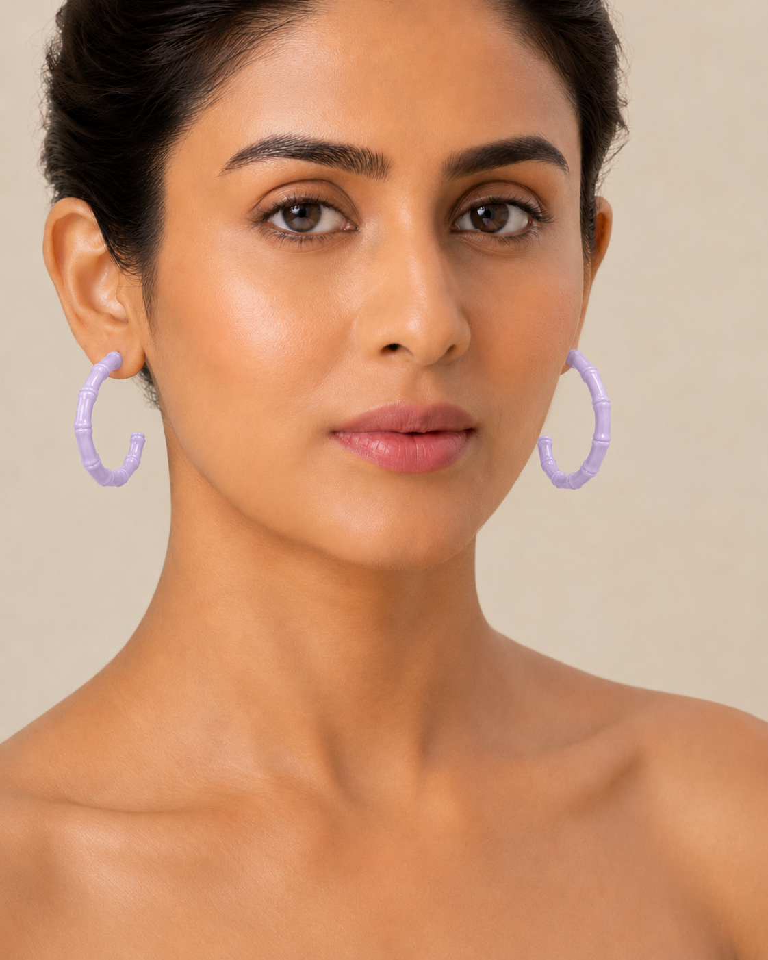 The Taro Milk Bamboo Hoops — Gold Plated Lavender Bamboo Hoop Earrings by House of Zena, front view — Anti-Tarnish Waterproof Jewellery | House of Zena