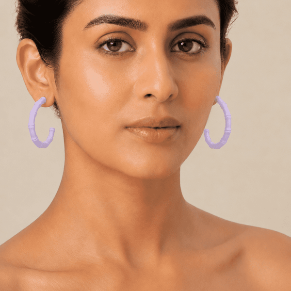 The Taro Milk Bamboo Hoops — Gold Plated Lavender Bamboo Hoop Earrings by House of Zena, front view — Anti-Tarnish Waterproof Jewellery | House of Zena