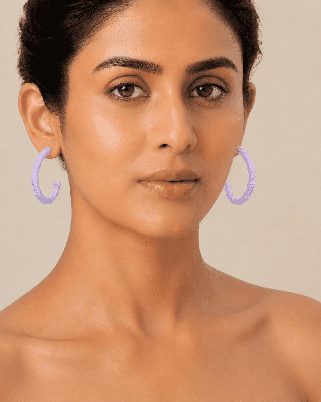 The Taro Milk Bamboo Hoops — Gold Plated Lavender Bamboo Hoop Earrings by House of Zena, front view