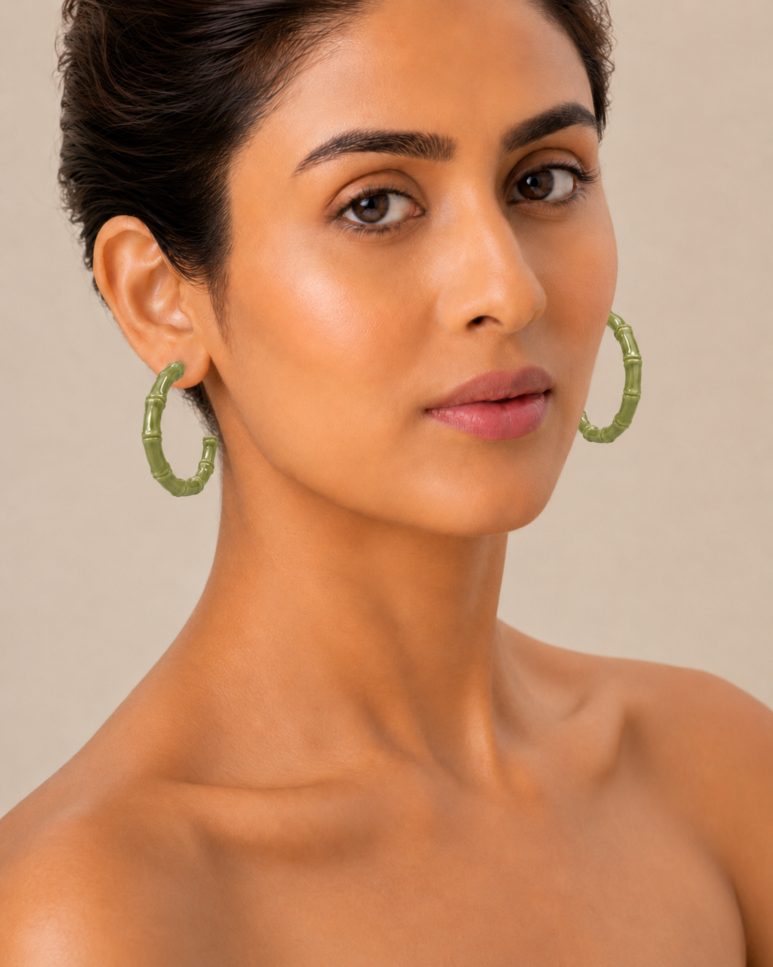 The Olive Martini Bamboo Hoops — Gold Plated Olive Bamboo Hoop Earrings by House of Zena, front view — Anti-Tarnish Waterproof Jewellery | House of Zena