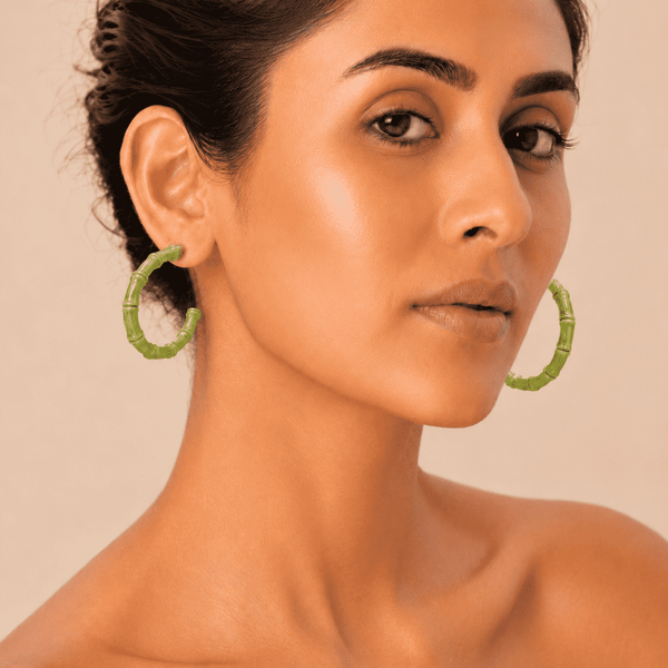 The Matcha Latte Bamboo Hoops — Gold Plated Matcha Bamboo Hoop Earrings by House of Zena, front view — Anti-Tarnish Waterproof Jewellery | House of Zena